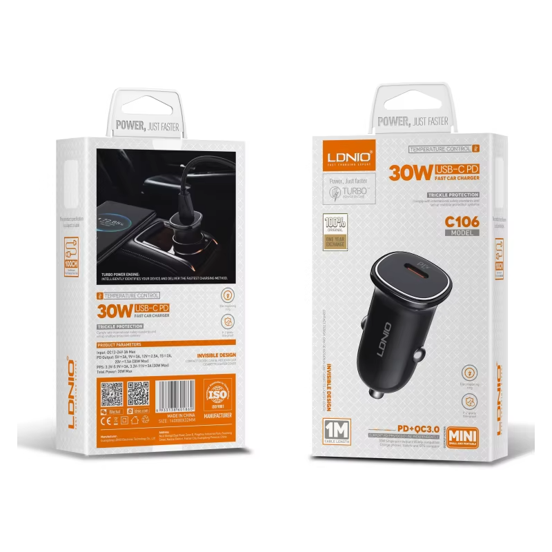 CARREGADOR CARRO LDNIO USB-C SINGLE 30W CARREGADOR CARRO LDNIO USB-C SINGLE 30W